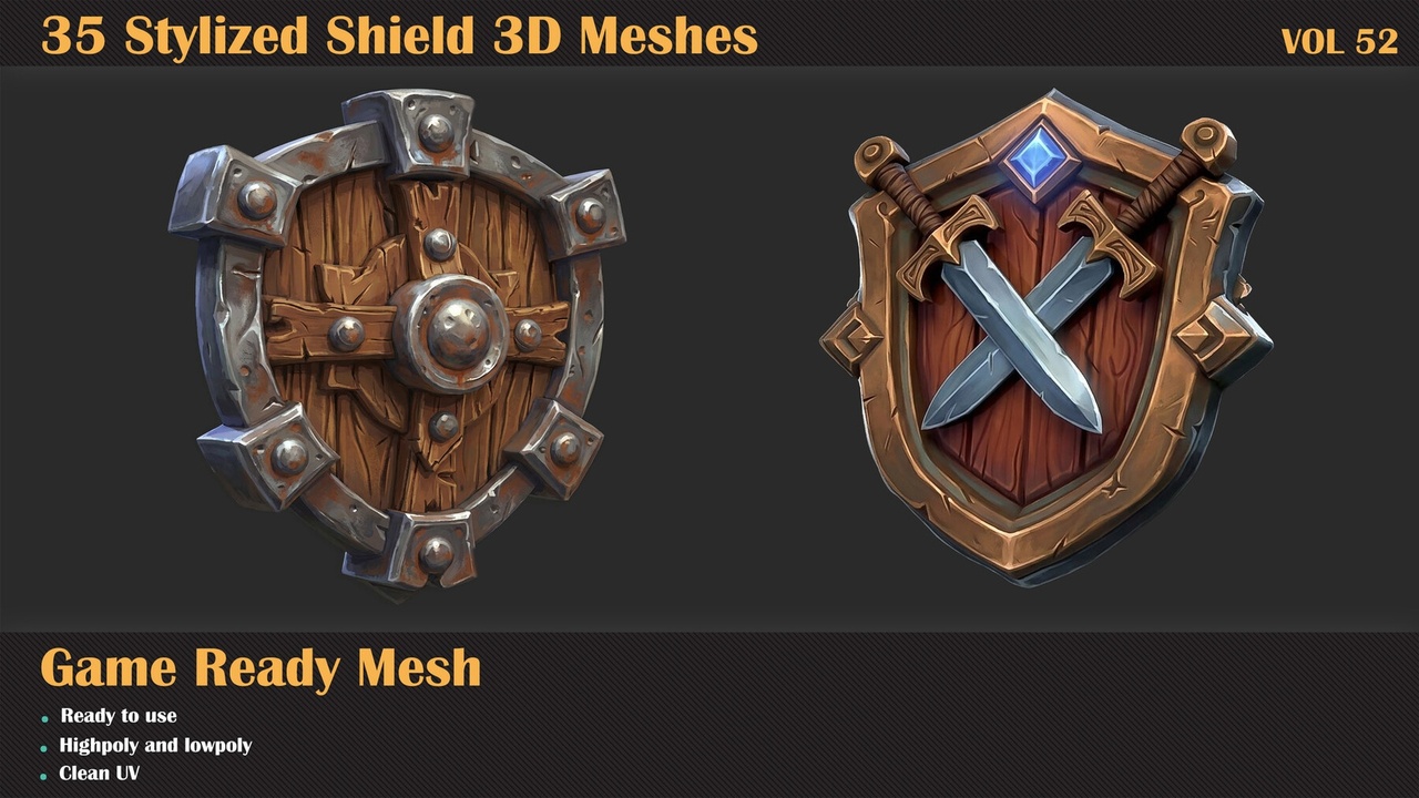 File multimediali per l'articolo 35 Stylized Shield 3D Meshes - VOL 52: 1