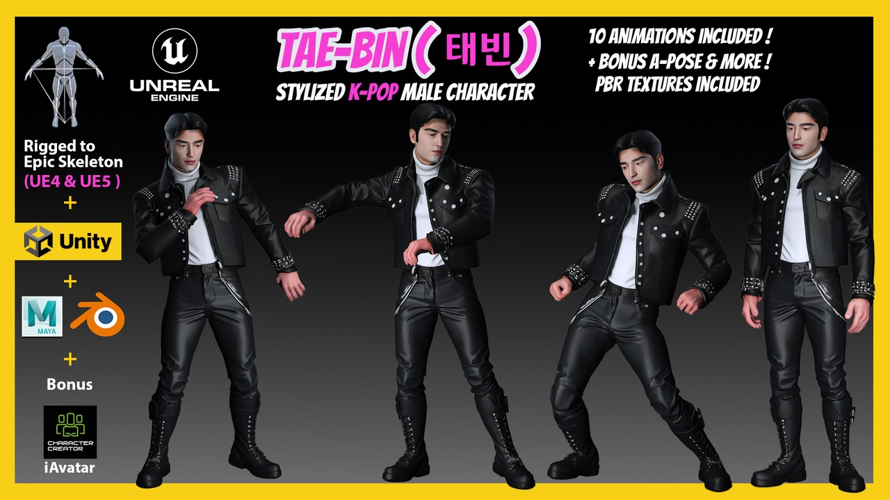 Media 1 for listing Tae-Bin (태빈) Stylized K-Pop Male Character for UE4/UE5, Unity, Blender and Maya