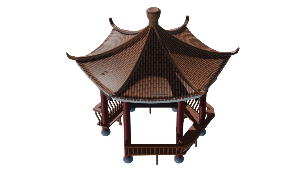 Media 1 for listing Chinese Hexagonal Pavilion with Curved Barrel Tile Roof and Red Columns 3D Model