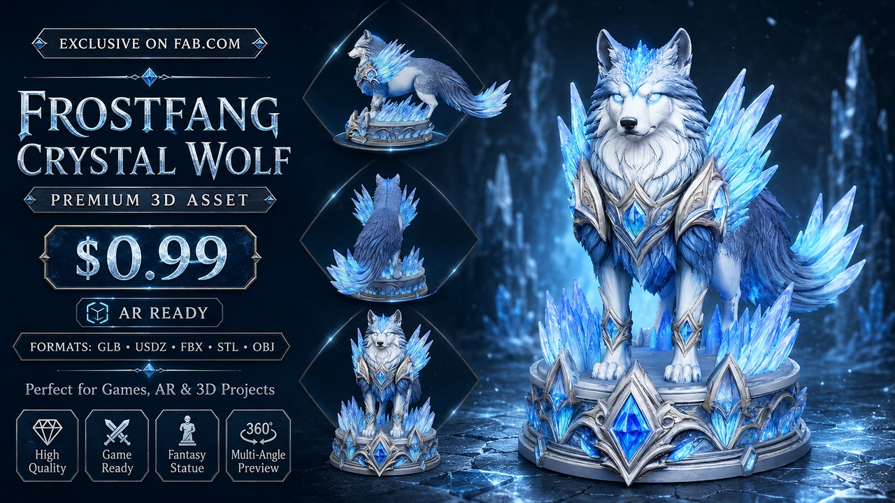 Media 1 for listing Frostfang Crystal Wolf | Premium Fantasy 3D Asset | AR Ready