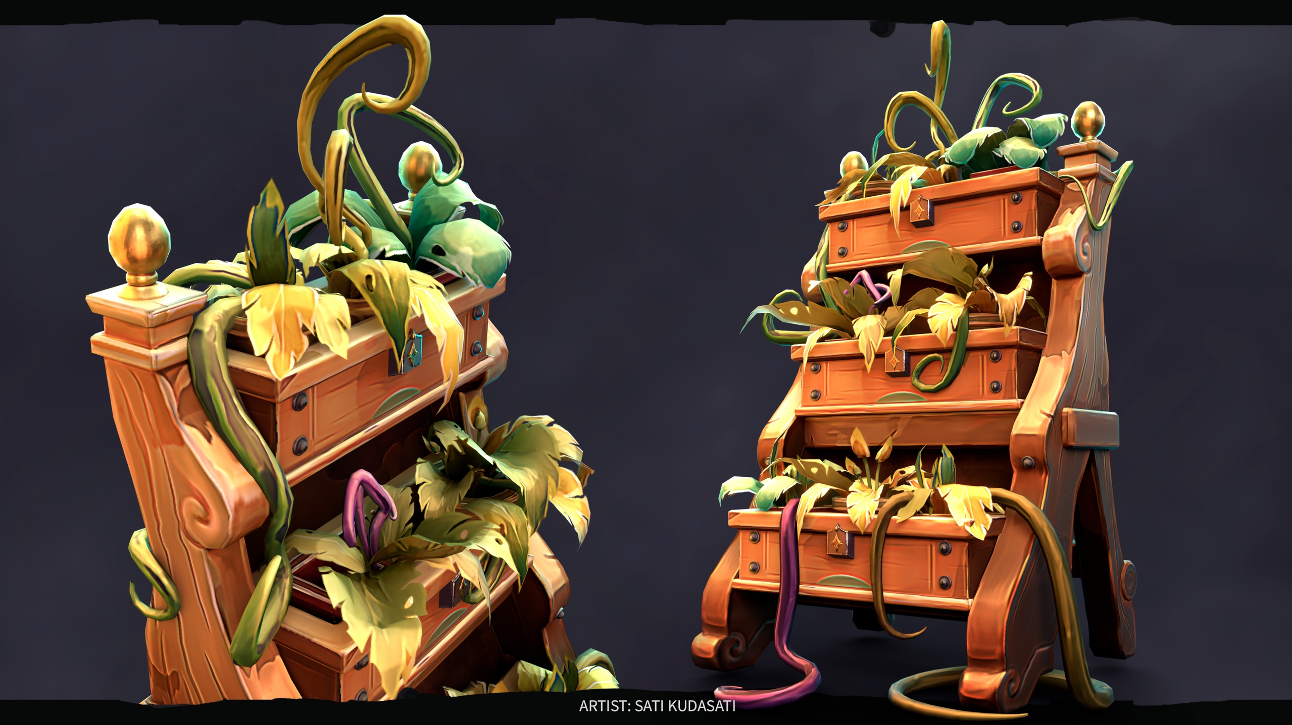 Media 1 for listing 🌿 Stylized Fantasy Flower Stand – Overgrown Wooden Planter