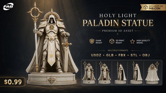 Holy Light Paladin Statue | Premium Fantasy 3D Asset | AR Ready — Cobalt Game Assets