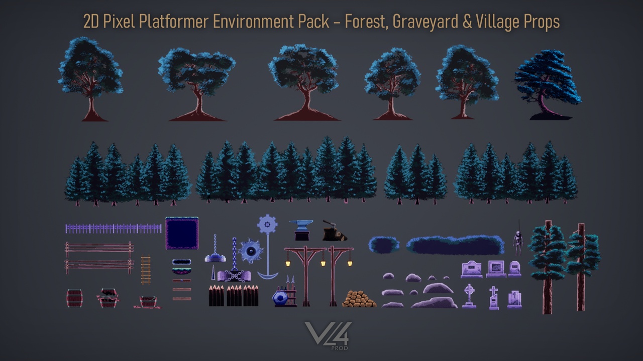 Media 1 for listing 2D Pixel Platformer Environment Pack – Forest, Graveyard & Village Props