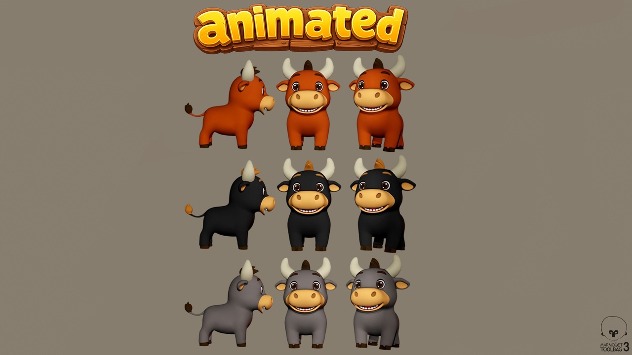 Media 1 for listing Animated Brown Cute Farm Bull Stylized Game Ready Low-poly 3D model