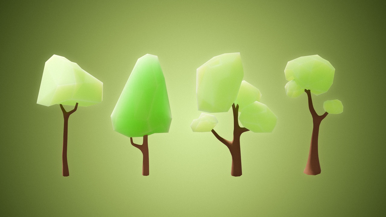 Multimedia 1 para anuncio Collection of 4 Stylized Vibrant Green Low-Poly Trees