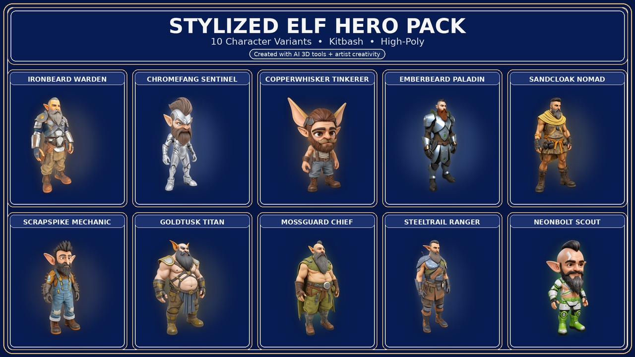 Kitbash Hero Stylized Elf Hero Pack – 10 Character Variants | Kitbash | High-Poly | Fab