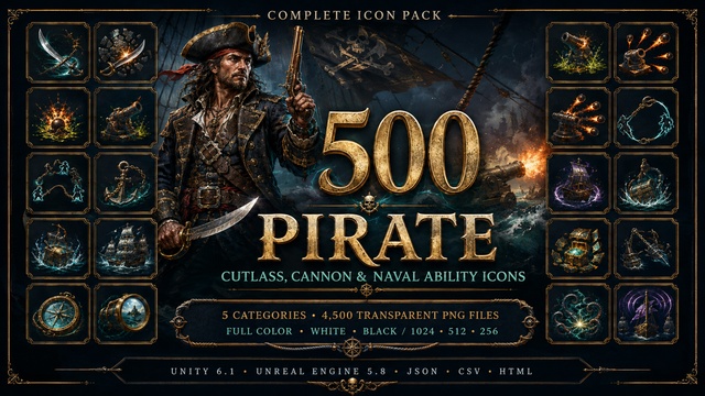 500 Pirate & Corsair Cutlass, Cannon & Naval Ability Icons — Cobalt Game Assets