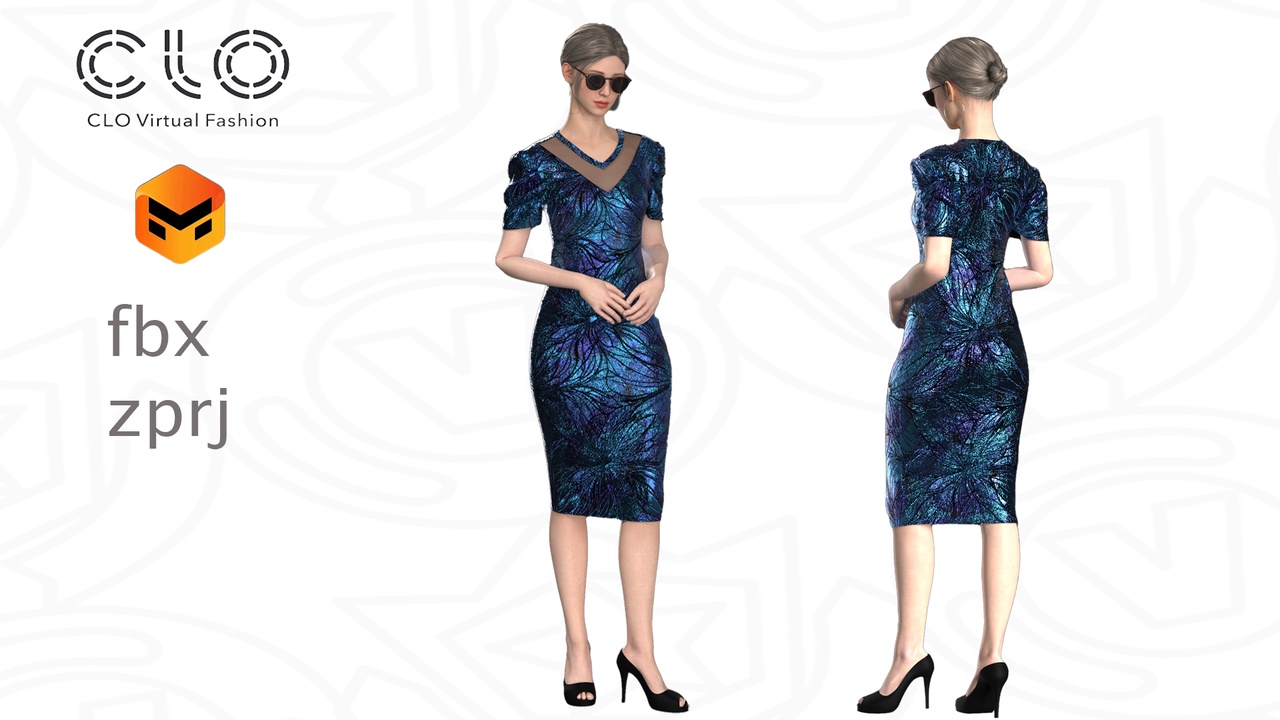 Media 1 for listing Midnight aurora sheath dress - CLO 3D / Marvelous Designer Project (.ZPRJ + FBX)