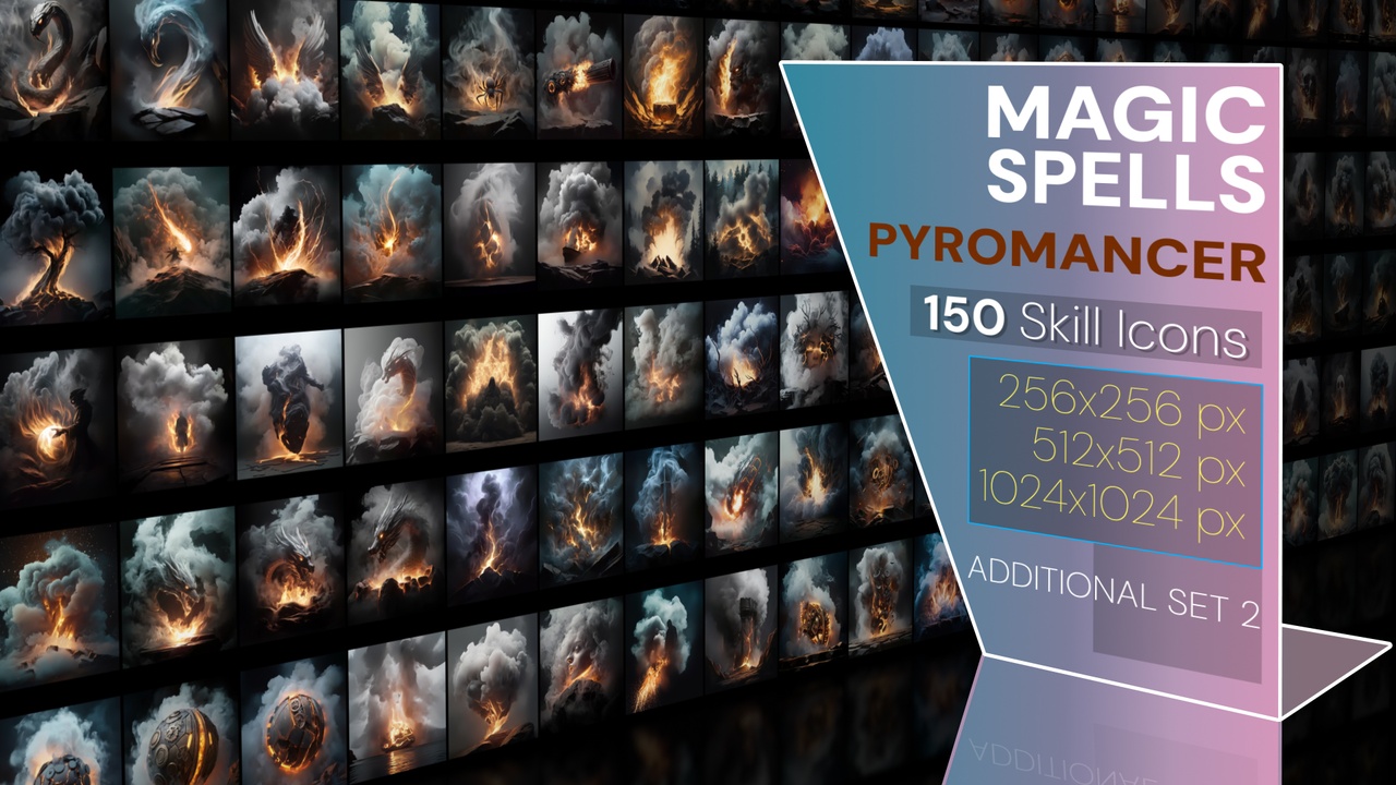150 additional magical spell icons themed around - Pyromancer. Pack 2 | Fab