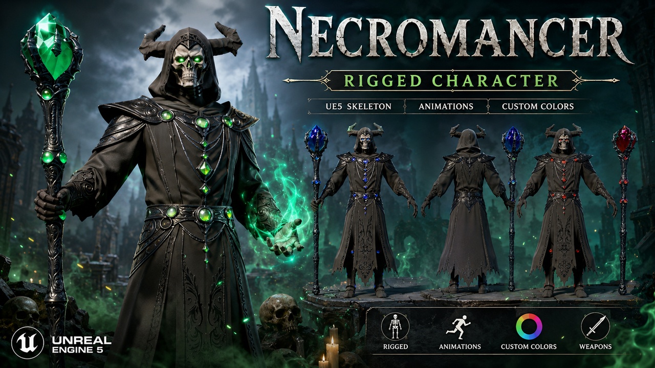 Media 1 for listing Stylized Fantasy Necromancer | UE5 Mannequin Rig | Game ready