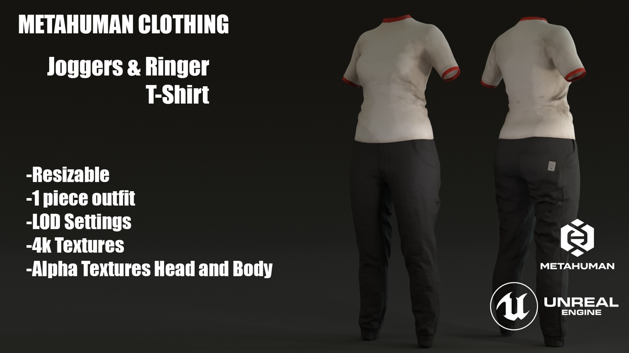 Media 1 for listing Joggers Pants & Ringer T-Shirt |  Resizable Metahuman Outfit