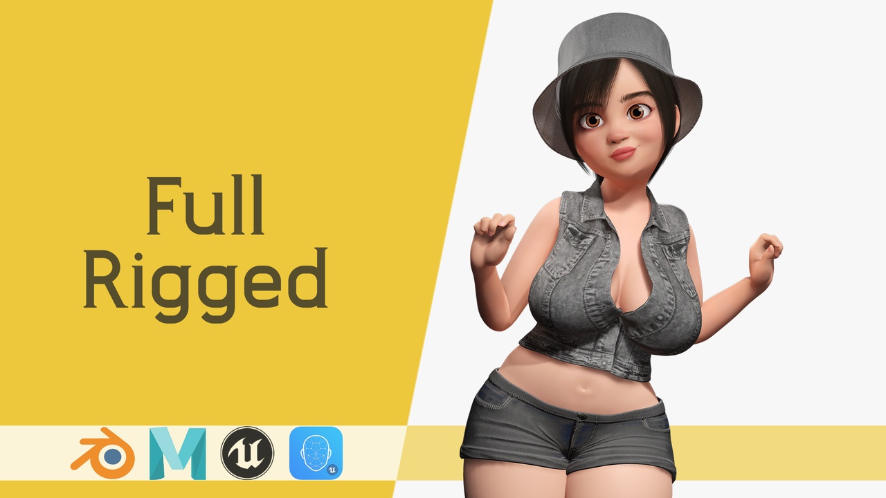 商品 Curvy Girl in Denim Outfit Rigged Stylized 3D Female Character 的媒体 1