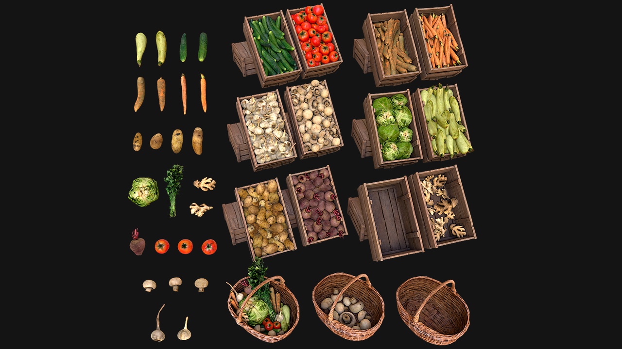 Media 1 for listing Set of Boxes of Vegetables Crate Medieval Farm Bazaar Food Stall
