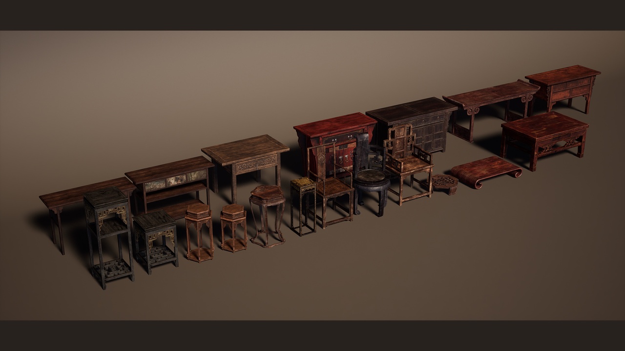 Media 1 for listing A collection of 3D Antique Asian style furniture assets.