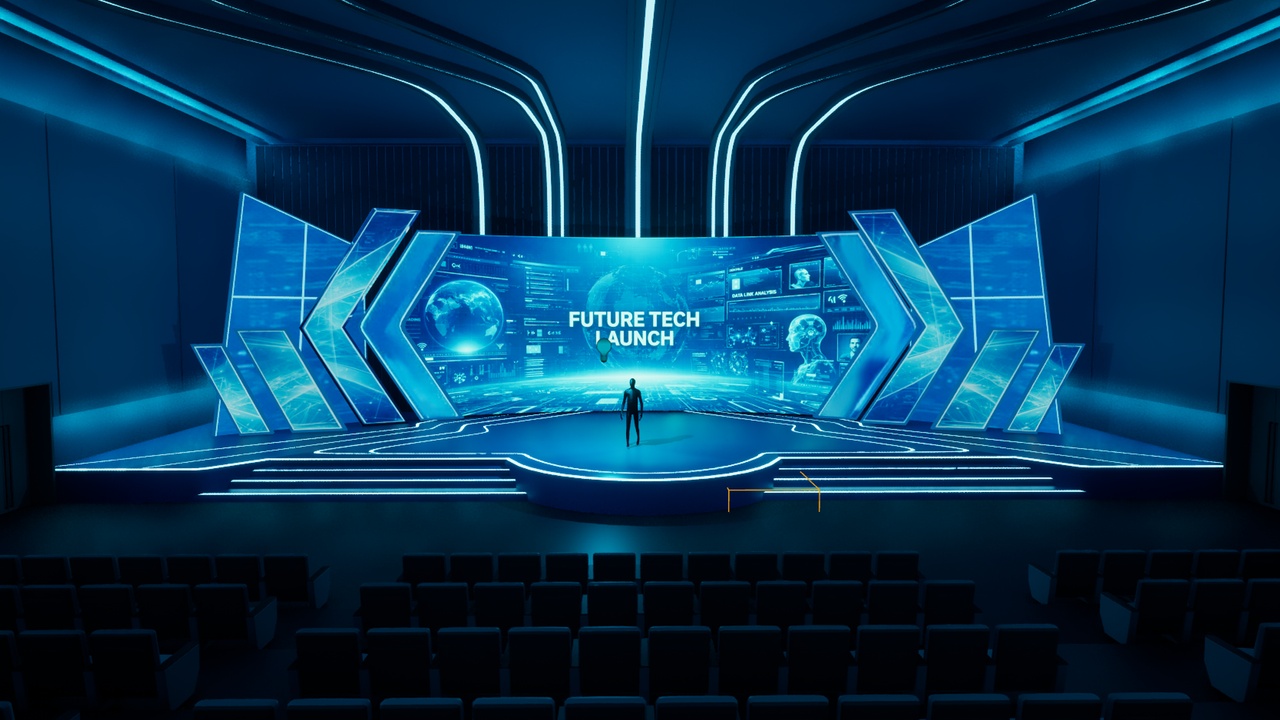 未来科技发布舞台 - 虚拟活动环境 - Futuristic Tech Launch Stage - Virtual Event Environment