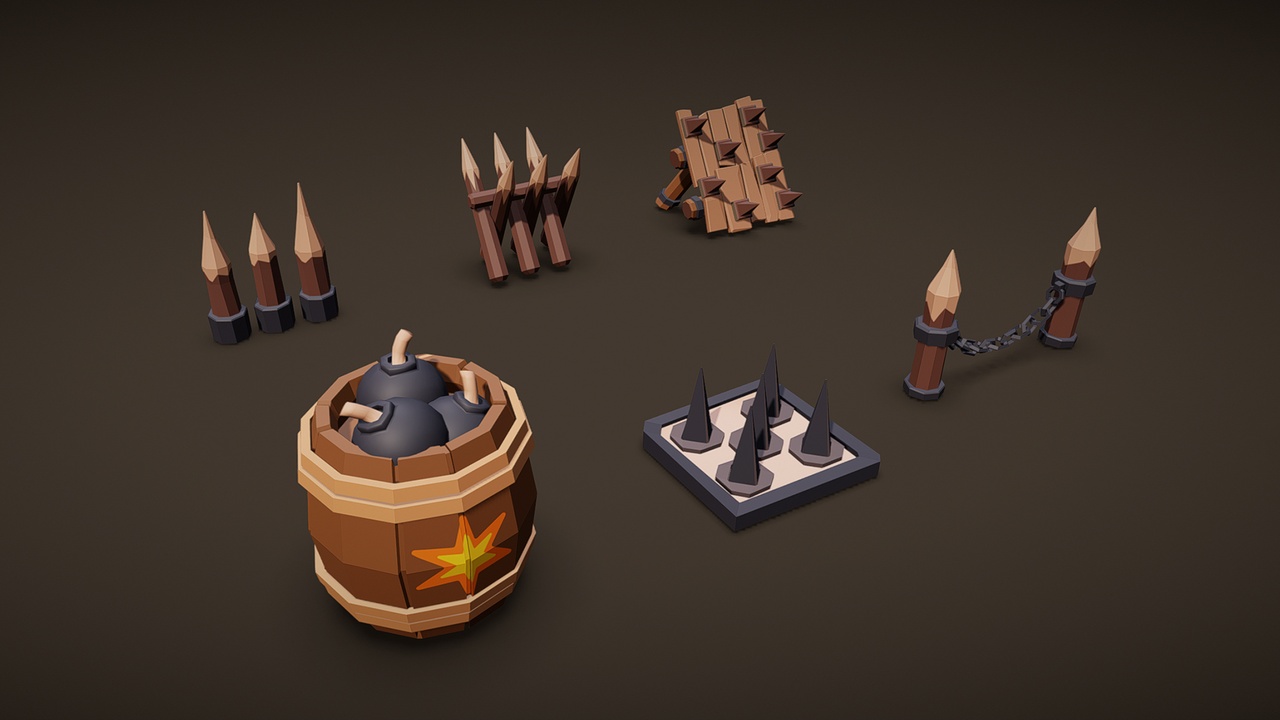 Media 1 for listing FREE LOW-POLY Spiky Fence, Spike Trap,Boom Barrel 3D Props