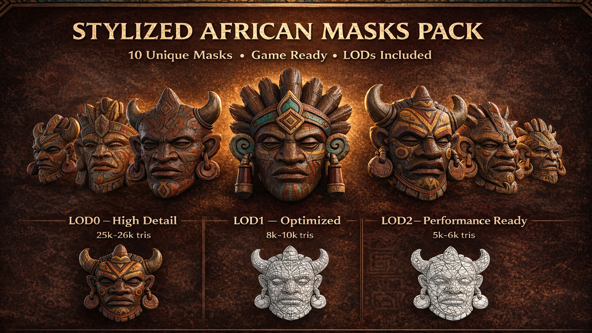 Stylized African Tribal Masks Pack – Game Ready | 9 Masks + LODs | Fab
