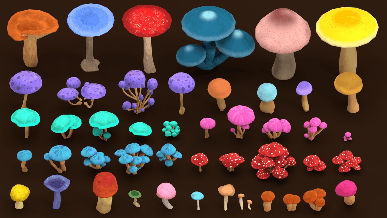 Media 1 for listing Colorful Low Poly Mushroom Pack – Stylized Fantasy Fungi Collection