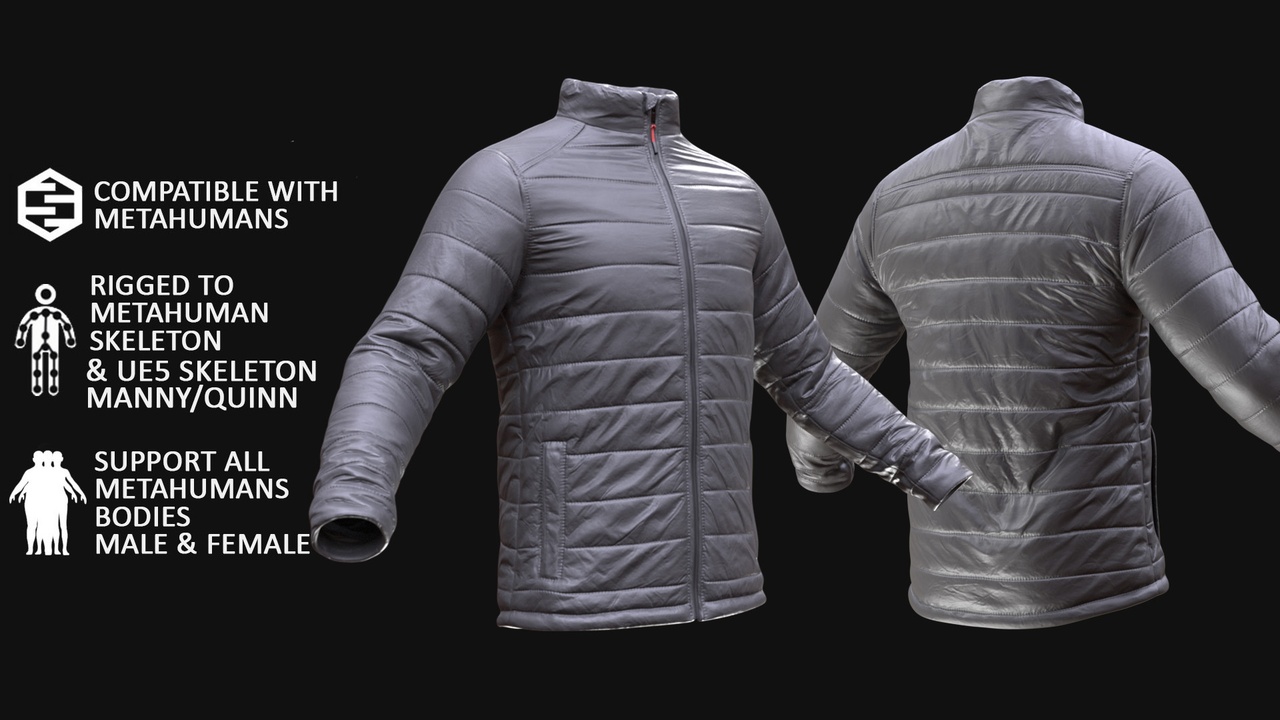 Media 1 for listing Puffer Jacket for Metahuman 3D model 61 - MH & UE5 Skeletons - Rigged
