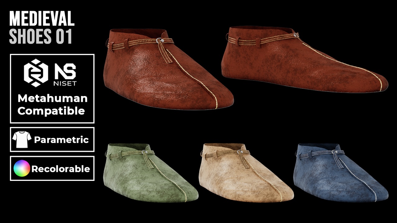 Media 1 for listing Medieval Shoes 01 – Recolorable Parametric Footwear for Metahuman MH UE5 MHPKG