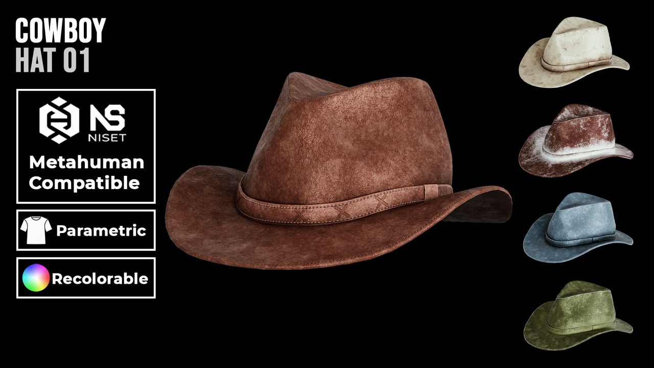 Media 1 for listing Western Cowboy Hat 01 - Recolorable Parametric Hat for Metahuman MH UE5 MHPKG