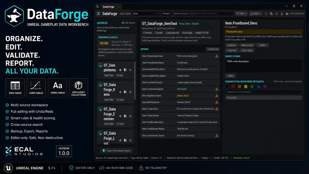 Media 1 for listing DataForge - Unreal Gameplay Data Workbench