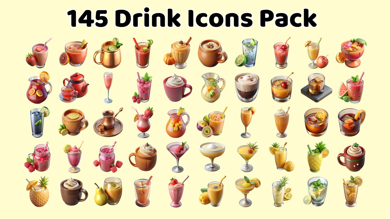商品 145 Drink Icons with Transparent Background 的媒体 1