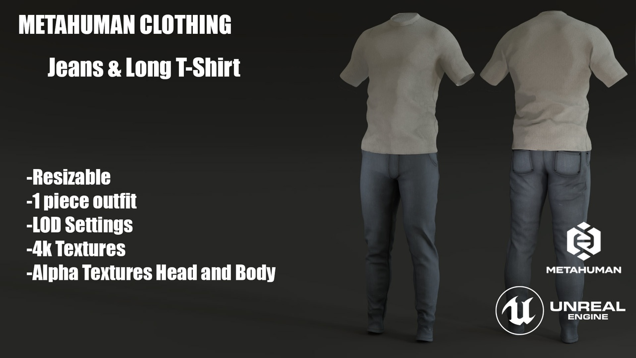 Media 1 for listing Jeans & Long T-Shirt | Resizable Metahuman Outfit