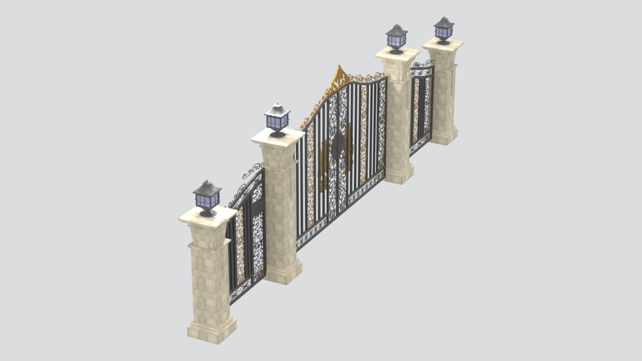 Media 1 for listing Grand Wrought Iron Entrance Gate with Stone Lantern Pillars 3D Model