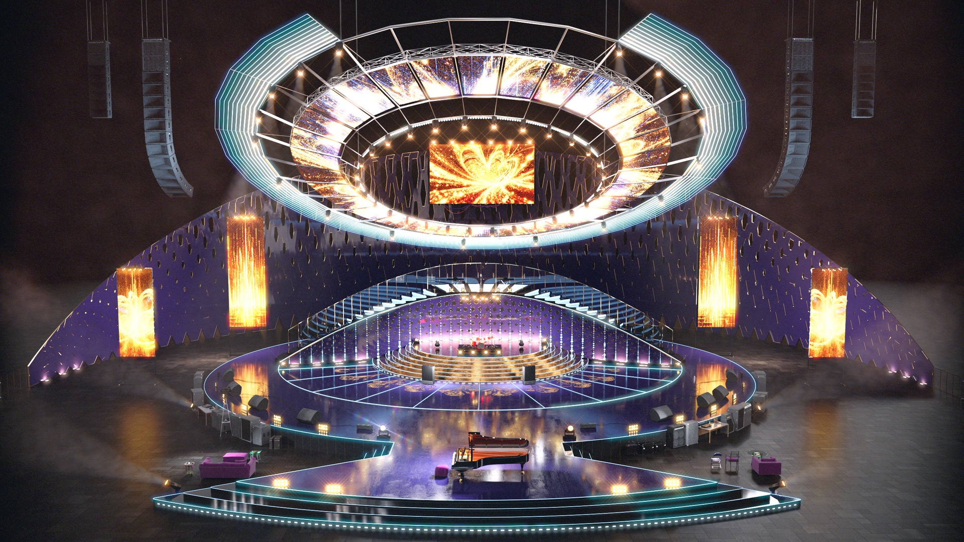 Media 1 for listing Round Concert Arena Stage Venue - Modular 3d Scene (with Piano, Drums, Guitar)