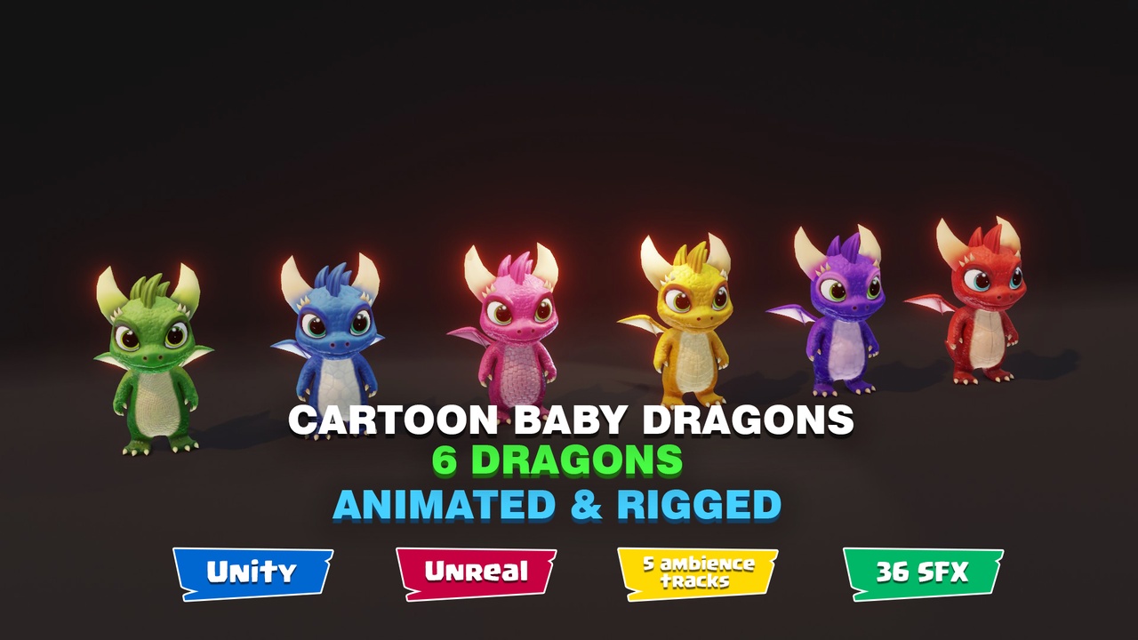 Media 1 for listing Cartoon Baby Dragons 3D Model with 5 Music Tracks & 36 Sound Effects