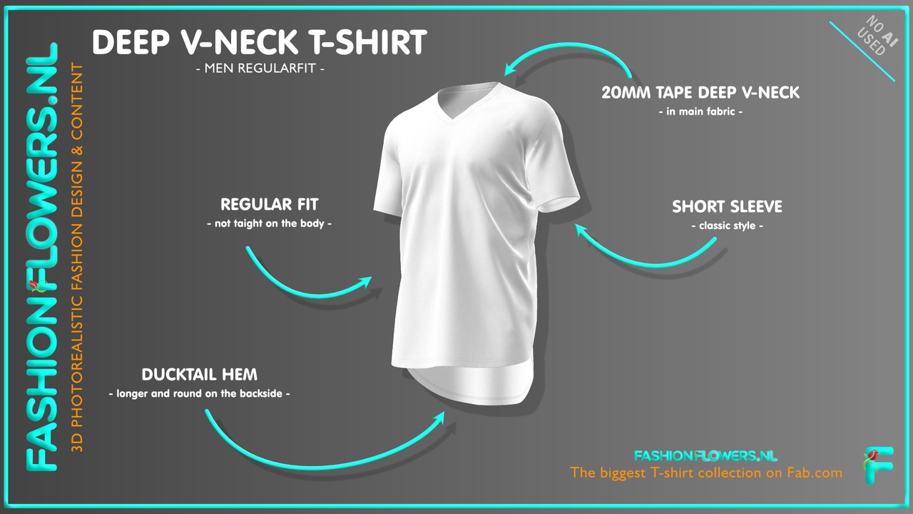 Media 1 for listing White Colour Deep V-Neck Ducktail T-shirt | Short Sleeve 20mm Tape V-Neck Tshirt