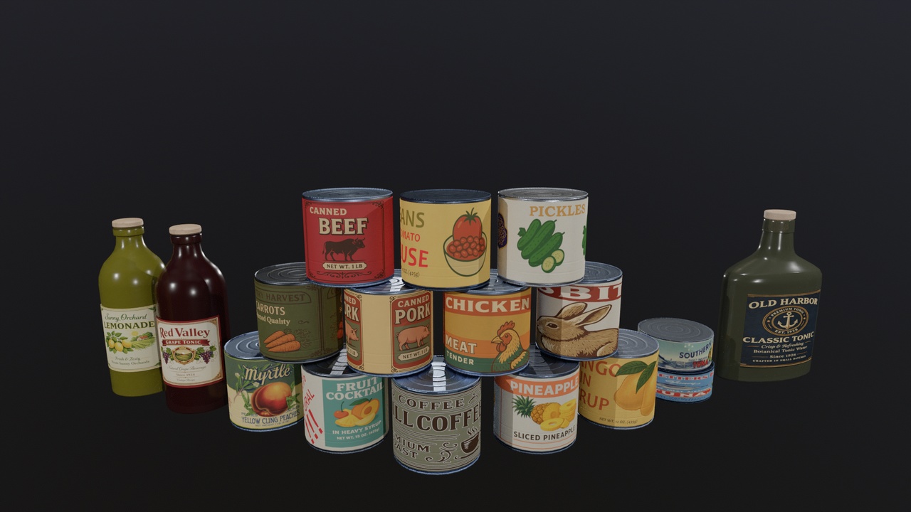 Media 1 for listing Canned Food & Beverage Props Pack (Clean & Aged)