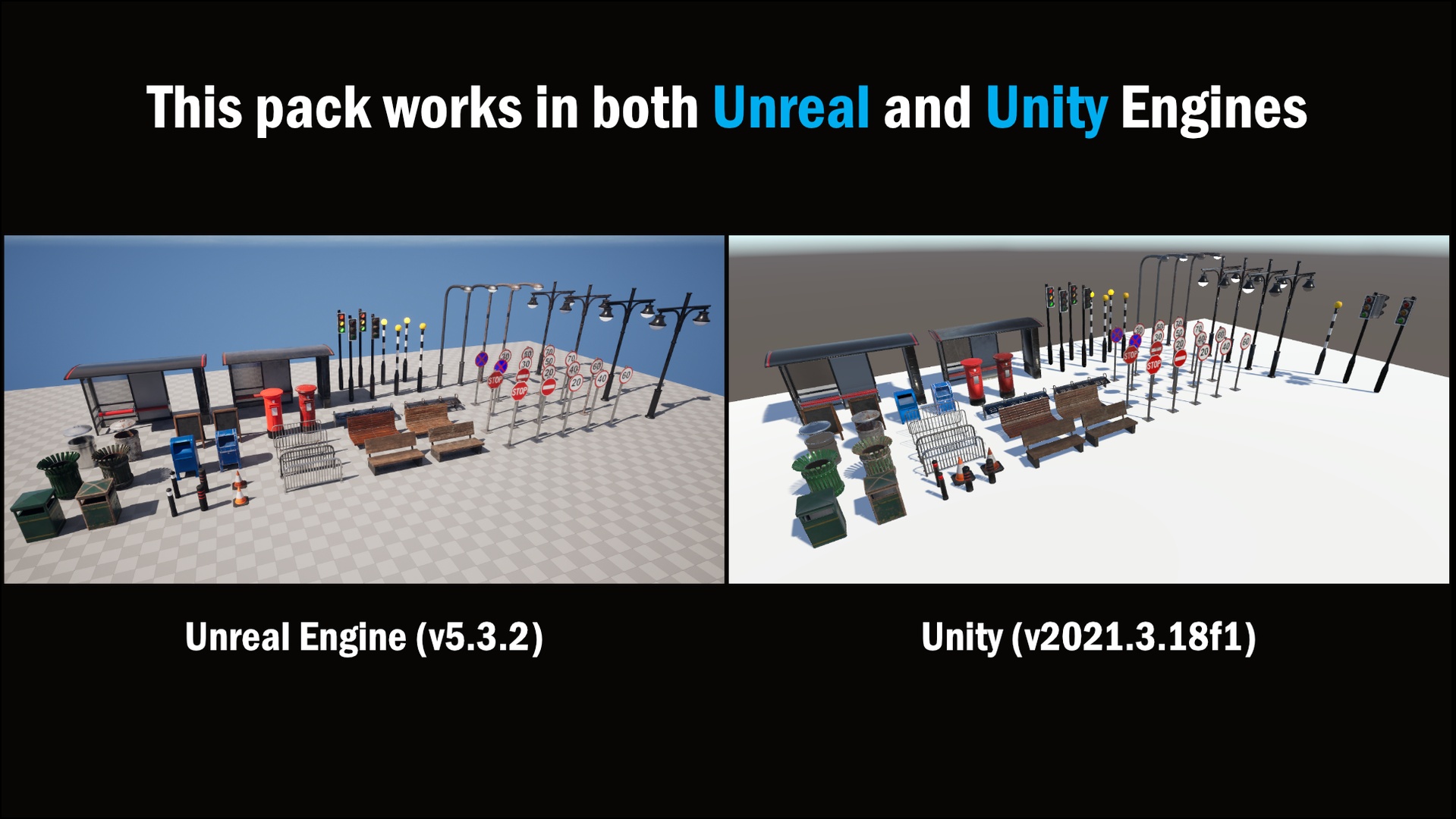 Media 1 for listing City Props Pack – Clean/Worn Textures + Blueprints, Game-Ready for Unity & UE5