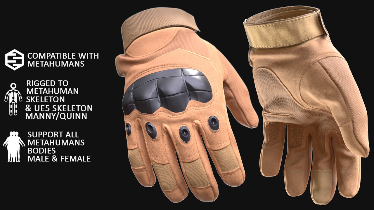 Media 1 for listing Tactical Gloves for Metahuman 3D model 14 - MH & UE5 Skeletons - Rigged