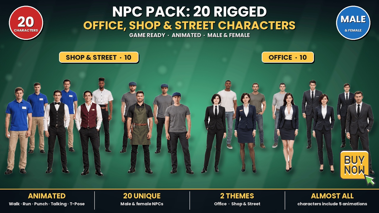 Media 1 for listing 20 Rigged Office Shop Street Characters Game Ready