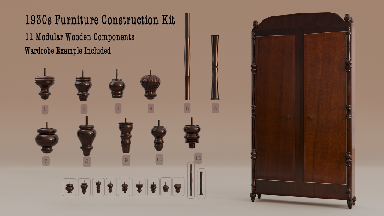 Media 1 for listing 1930s Modular Wooden Furniture Kit - 11  Elements + Wardrobe Example