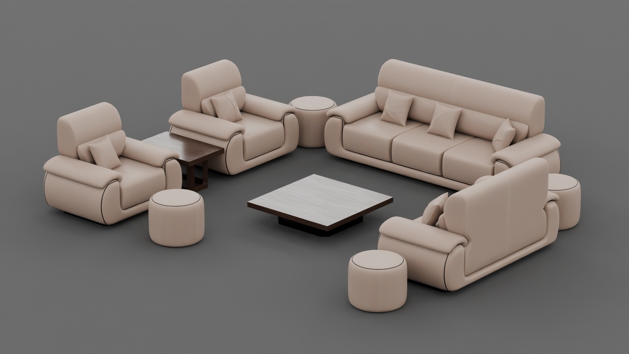 Media 1 for listing Tan Leather Sofa Set Furniture with Dark Wood Tables and Cylindrical Poufs