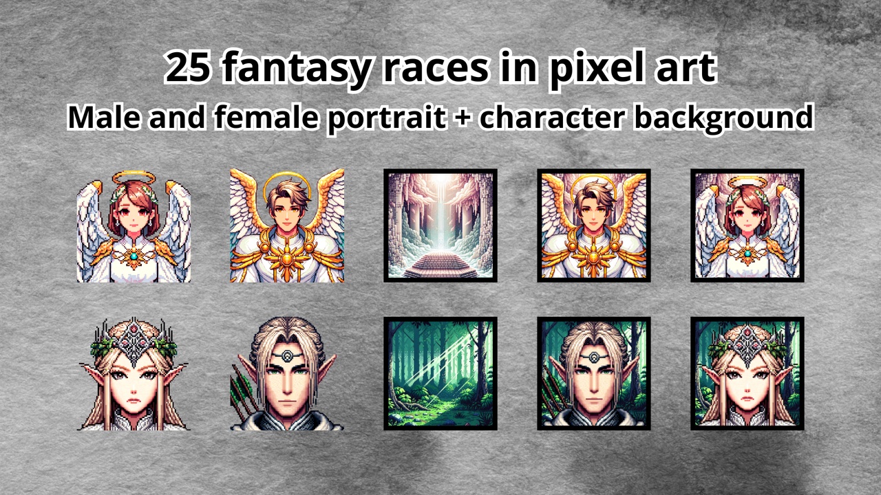 Media 1 for listing Fantasy Races Portraits - 50 Unique Characters, Pixel Art Style Icons for RPGs