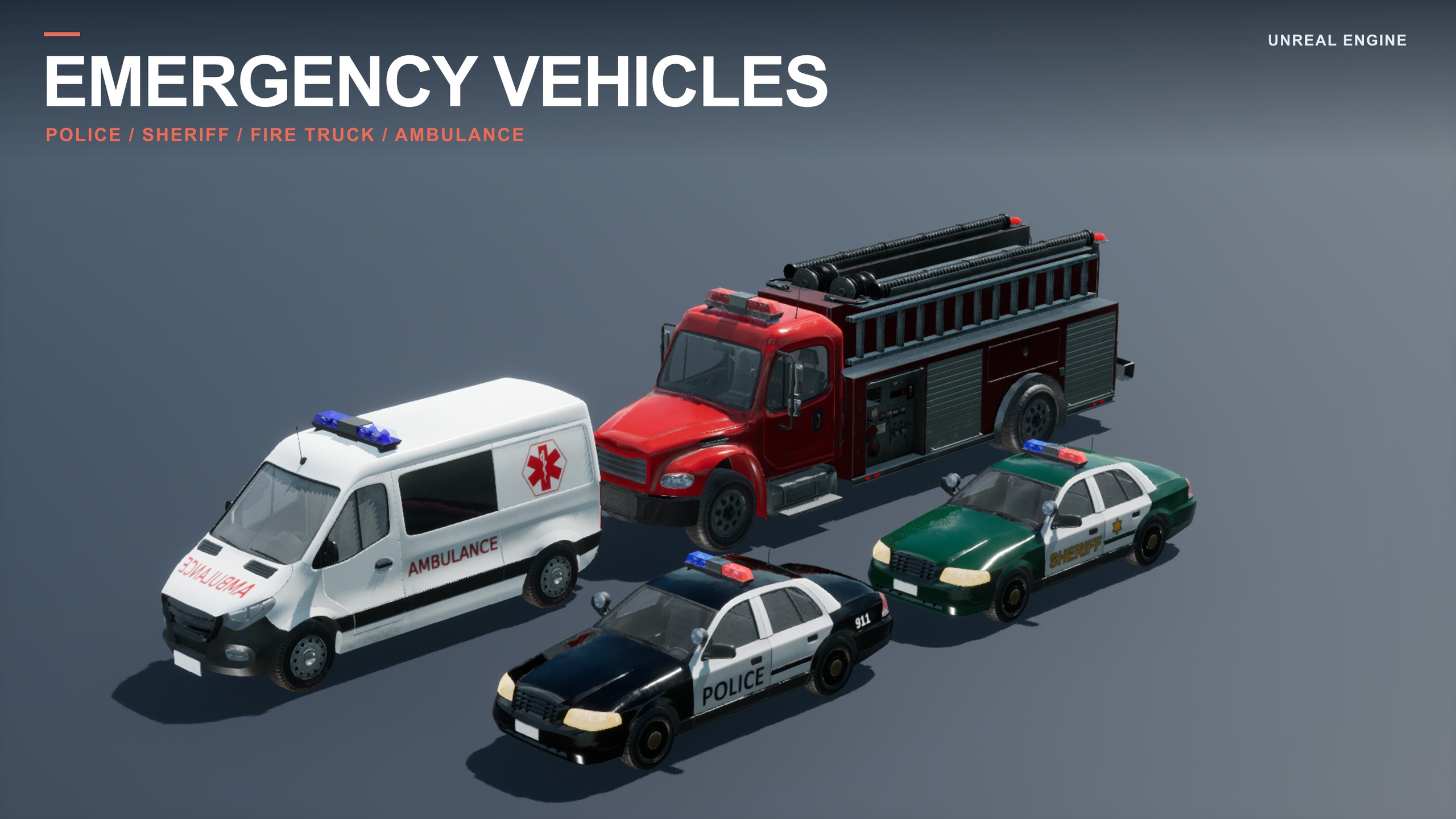 Media 1 for listing Emergency Vehicle Pack - Sheriff, Police, Fire Truck and Ambulance - Unreal