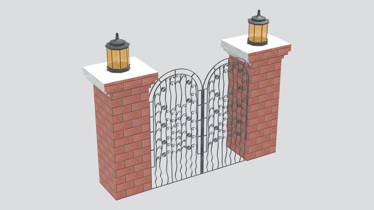 Media 1 for listing European Wrought Iron Garden Gate with Red Brick Pillars 3D Model