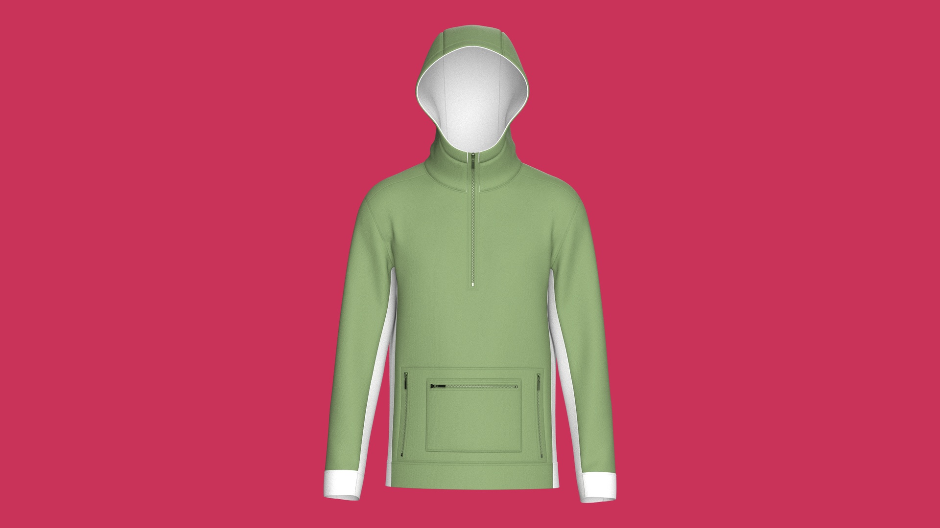 Media 1 for listing Men Green Half - Zip Hoodie With Zip Pocket | High Poly