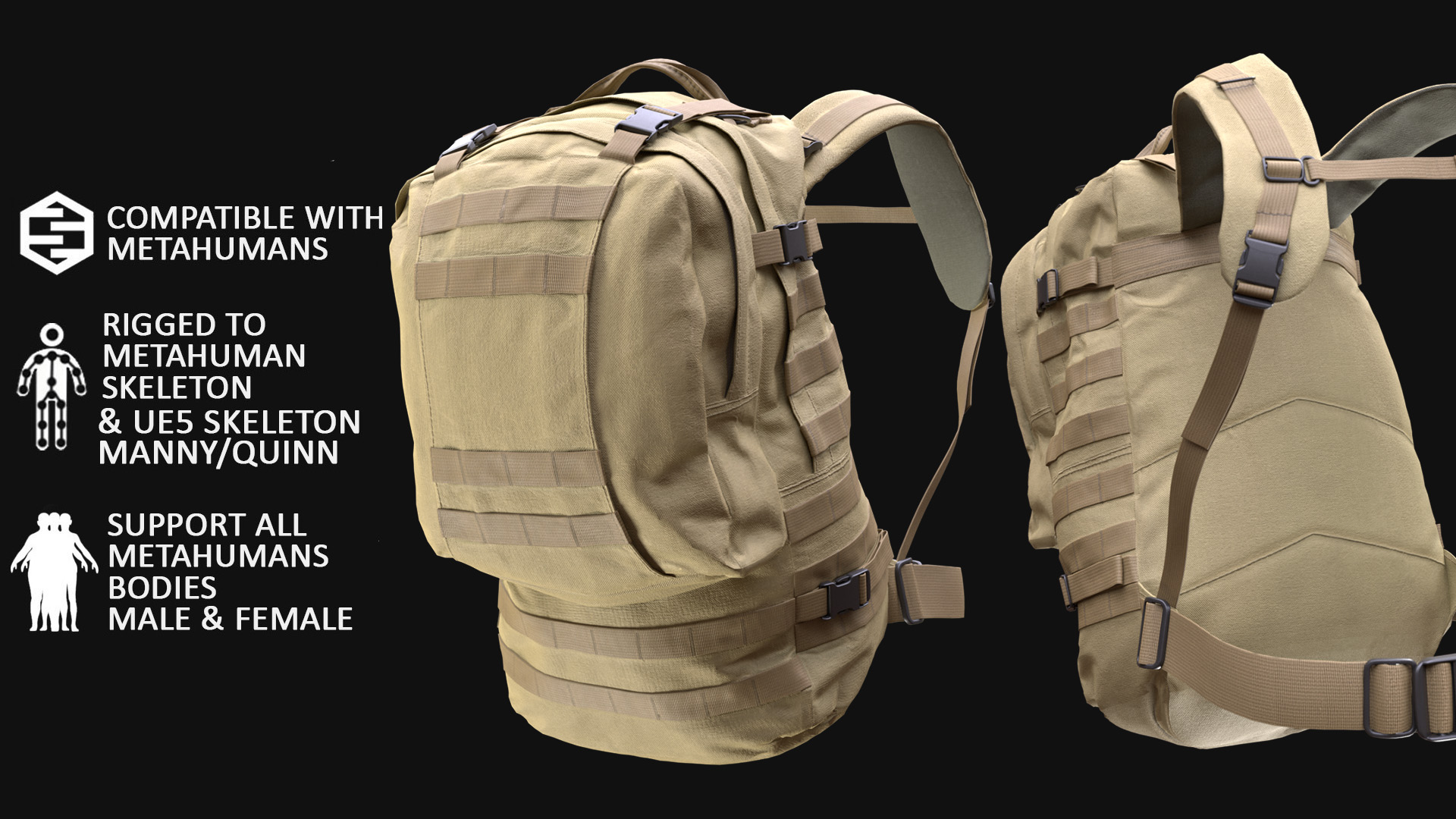 Metasploit Backpack 3D Tactical Backpack Model For Metahumans 74 & UE5 Skeletons - Rigged | Fab