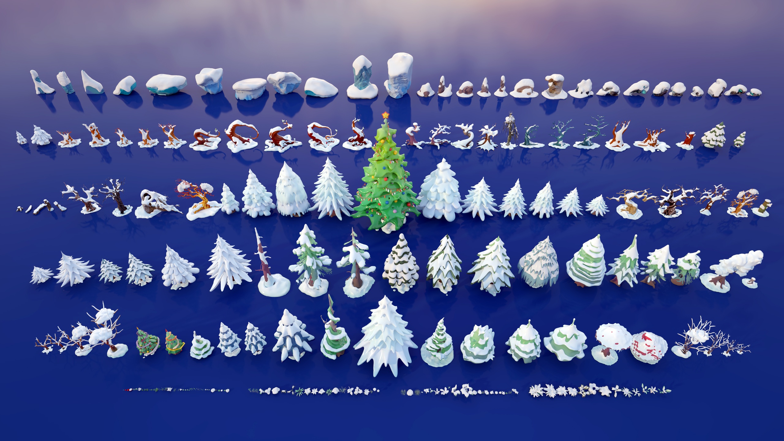 Media 1 for listing Stylized Snow-Covered Winter Nature Low Poly 3D Pack (bush, tree, plants, rock)