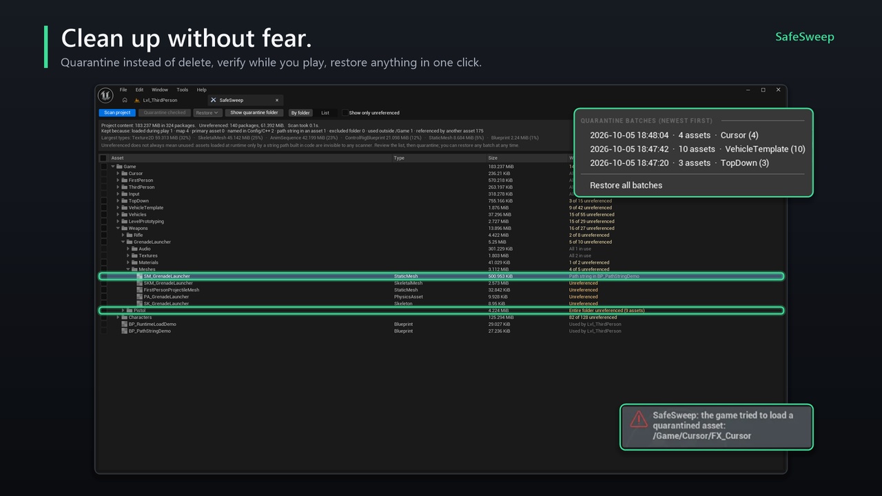 Media 1 for listing SafeSweep - Safe Unused Assets Cleanup with Undo