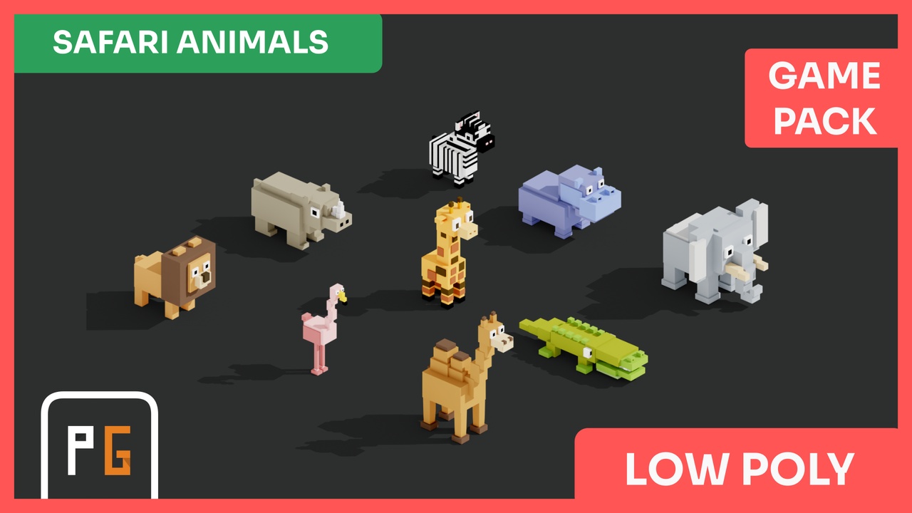 Media 1 for listing 🦁 Low Poly Blocky Animals — Safari Pack | 9 Characters | Crossy Road Style