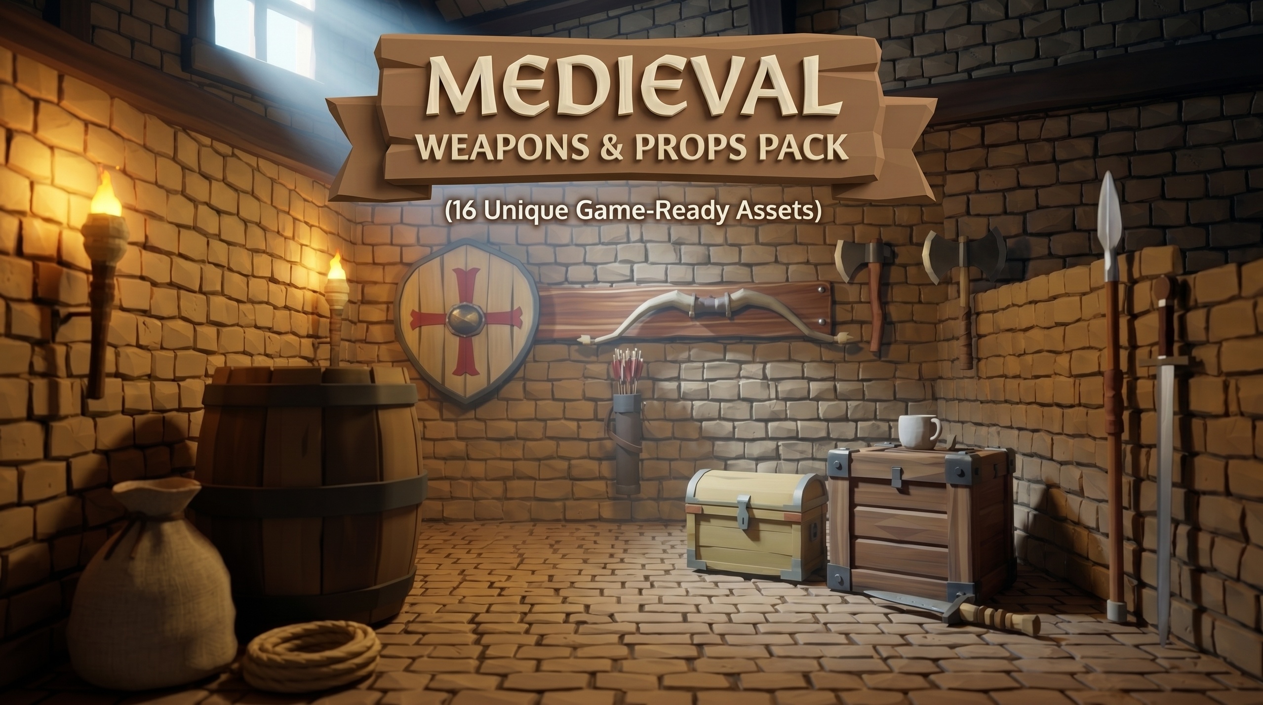 Media 1 for listing Medieval Weapons & Props Pack | 16 Game-Ready Low-Poly Stylized Items