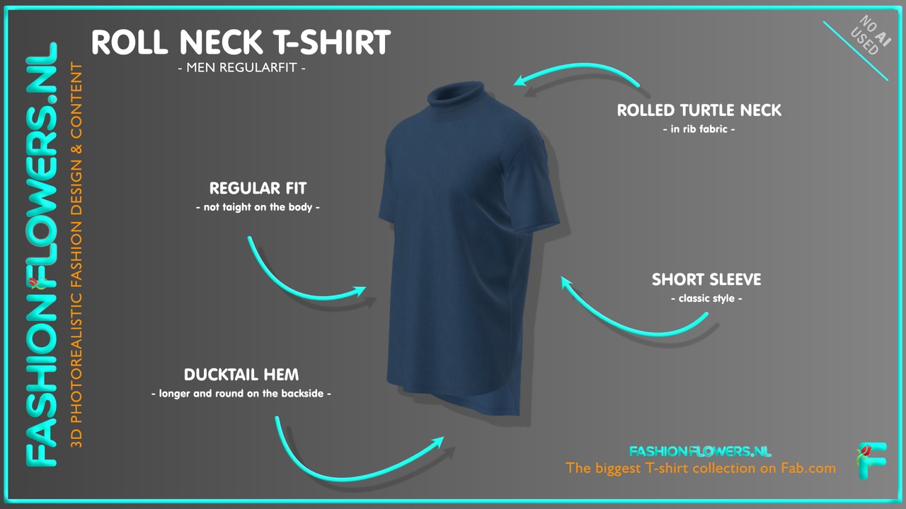 Media 1 for listing Blue Colour Roll Neck Short Sleeve T-shirt | Full Turtleneck | Longer Backside
