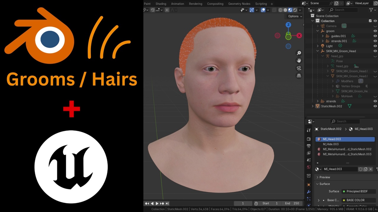Media 1 for listing Blender MetaHuman Groom Starter + Hair Cards (with complete workflow)