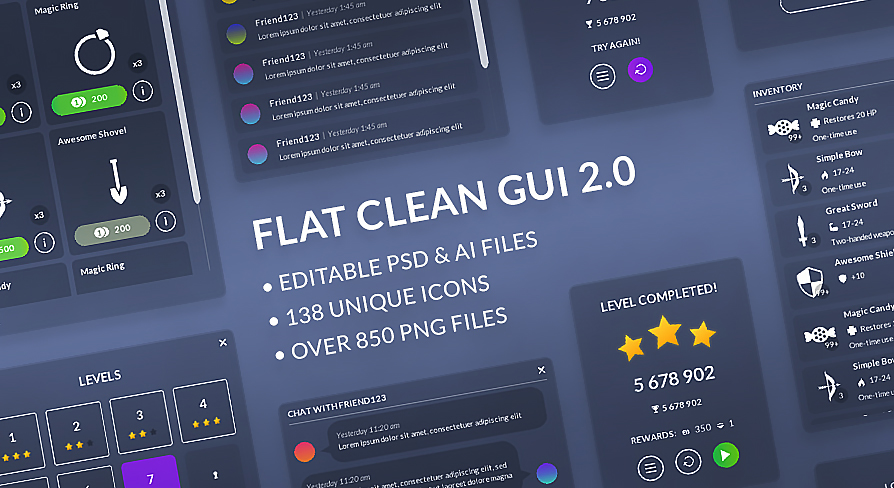 Flat clean GUI / UI KIT 2.0, for HD and 4K screens, PSD sources | Fab